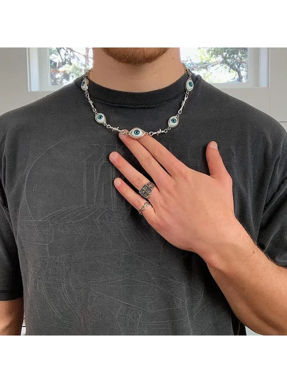 Cyberpunk Eye ball pendant barbwire y2k 2000s style necklace